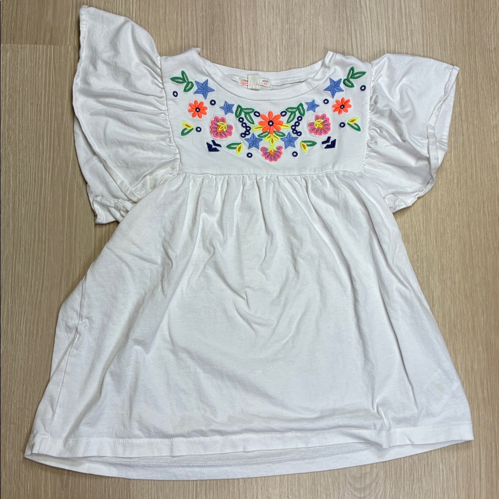 Crewcuts Everyday White Flutter Sleeve Top with Embroidered Colorful Details 12